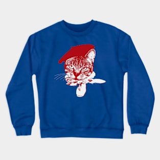 Ooo la la Cat with Beret, Red and White on Blue Crewneck Sweatshirt